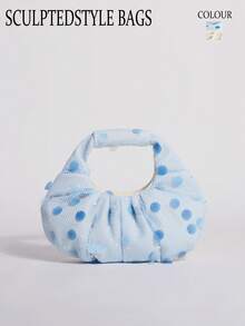 SCULPTEDSTYLE BAGS 1件天空藍美人魚亮片雲朵手提包，奶油白亞麻底布拼接時尚波點網格百褶設計女款托特包，百褶包適合海灘度假使用，可搭配魚網肩帶洋裝休閒度假穿搭（花紋隨機發貨） - 淺藍色 - 查看 9