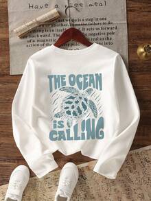 Teen Girl Casual Fun Print Crew Neck Pullover Long Sleeve T-Shirt, Autumn/Winter Top - White - View 4