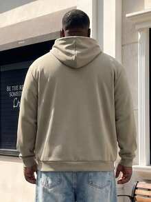 Plus Size Solid Color Hooded Sweatshirt, Loose Fit Kangaroo Pocket Drawstring Pullover, Casual Versatile Top - Khaki - View 2