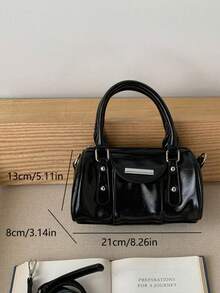 2026 New Retro Lacquered Leather Boston Bag, Versatile Sweet Commuter Handbag With High-Quality Feel - Black - View 6