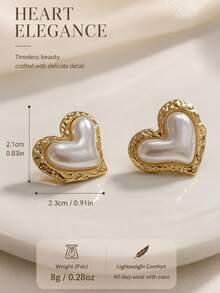 1 Pair Bohemian Style Gentle Romantic French Luxury Pearl Heart Stud Earrings, 316 Stainless Steel Gold Plated Hypoallergenic Earrings For Women, Back To School, Daily Commute, Office, Campus, Date, Party, Best Friend Gathering, Spring Outing, Vacation, Music Festival, Wedding, Holiday, Versatile - Multicolor - View 2