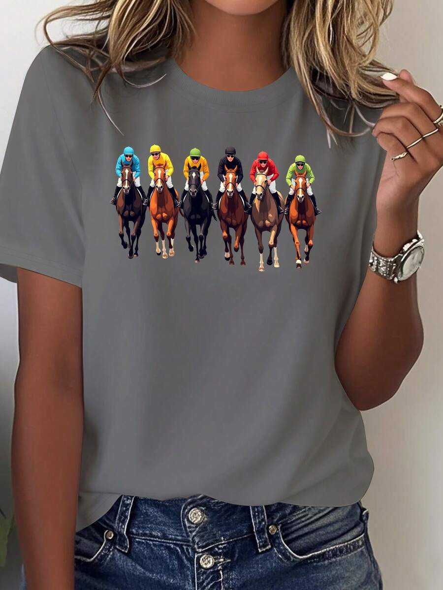 Comfortable Women's T-Shirt With A Vibrant Scene Of Riders Racing Horses - Dark Grey - View 1