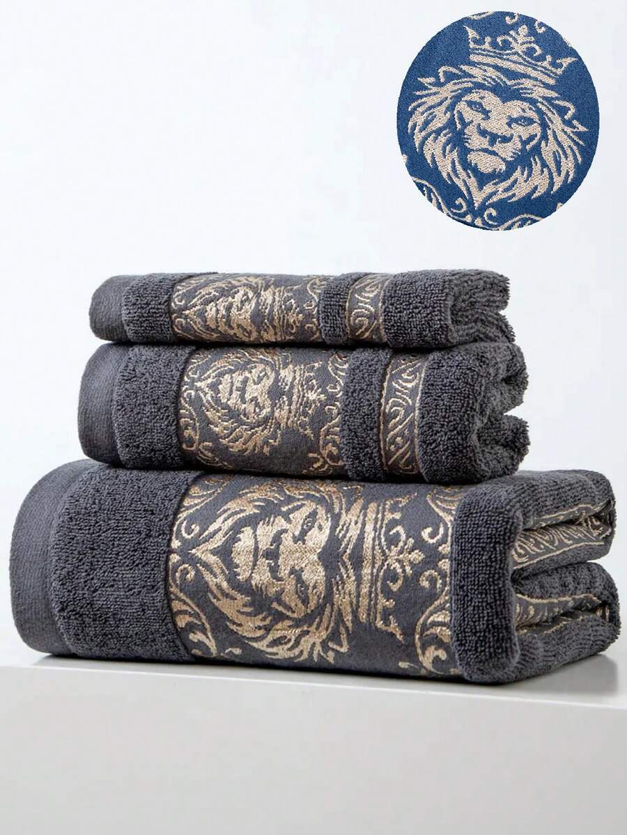 1pc Dark Gray Pure Cotton Thin Bath Towel/Small Towel/Handkerchief, Lion Pattern, Quick Drying & Absorbent, Unisex, Suitable For All Seasons, Ideal For Bathroom, Travel, Vacation, Gift, School, Hotel And Home Use