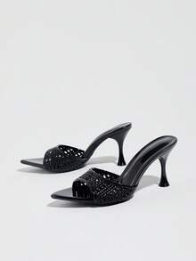 Women's Shiny Woven Mule High Heel Shoes, Spring/Summer Nightclub Party Evening Gala Shopping Commuting Runway Stage Wedding Home Casual Shoes, Pointed Toe Stiletto High Heel Sexy Open Toe Sandals, High-Quality Soft Mirror Finish Fabric, Slip-On Elegant Sophisticated Mysterious Shoes, Elegant Fashion High Heel Sandals - Black - View 5