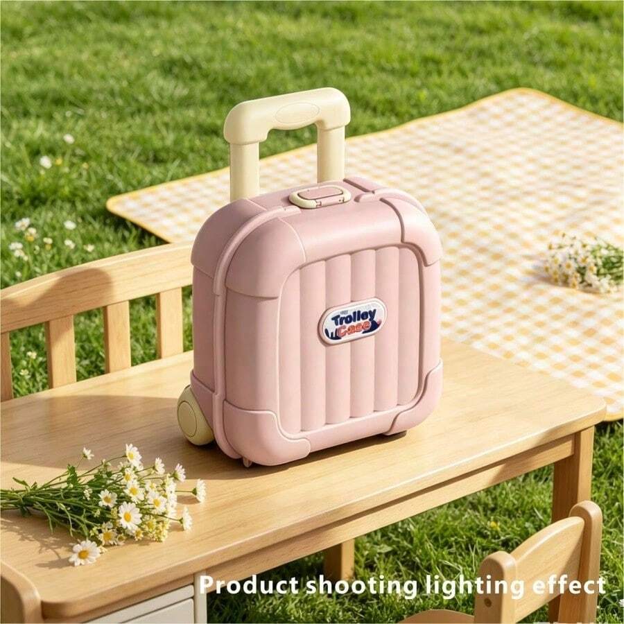 Small Toy Suitcase With Wheels For Kids, Multipurpose Plastic Organizer Box With Retractable Handle, Storage Trunk For Toys, Cosmetics And Travel Items - Pink - View 1