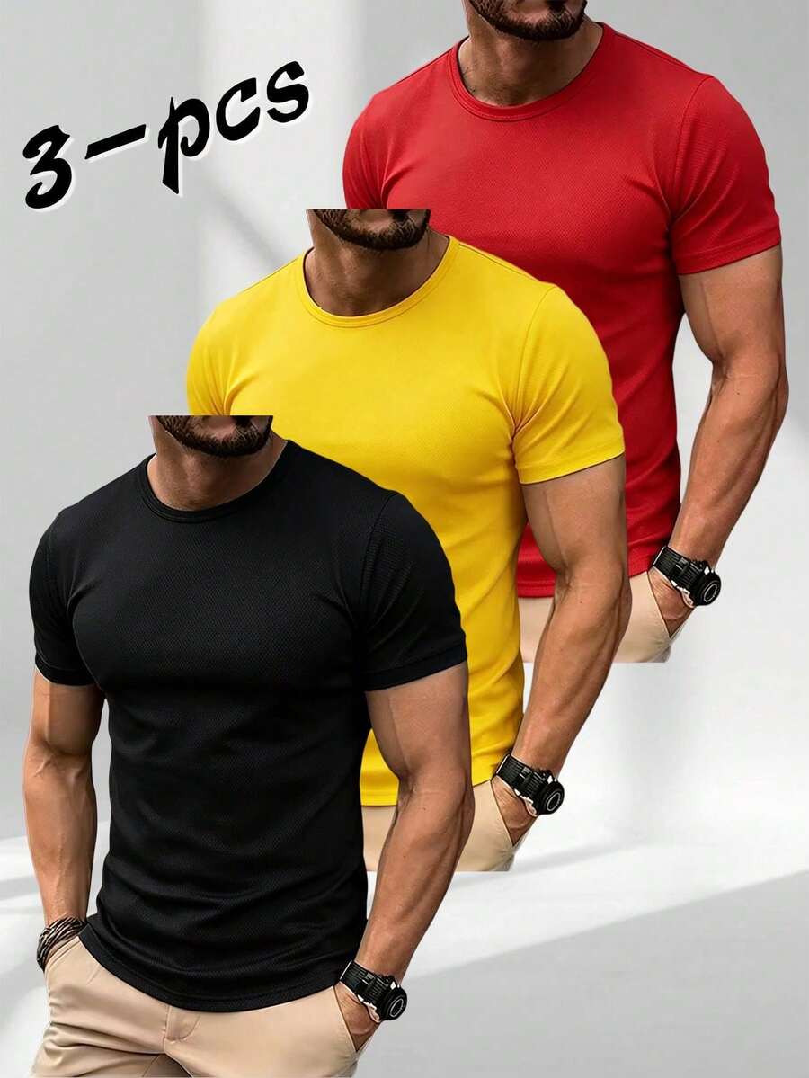 3-Pack Men's Quick-Drying Summer Sports T-Shirts - Multicolor Crew Neck Short Sleeve Breathable And Versatile Tops For Fitness & Running - MultiWarna - View 1