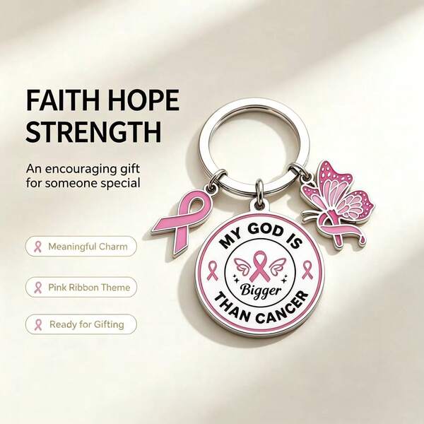 Pink Ribbon Breast Cancer Awareness Keychain, Religious Faith Theme Jewelry Gift, Engraved "God Over Sickness" Inspirational Key Ring With Butterfly Charm, Heartwarming Christian Gift For Women Cancer Survivors And Friends, Includes Gift Box