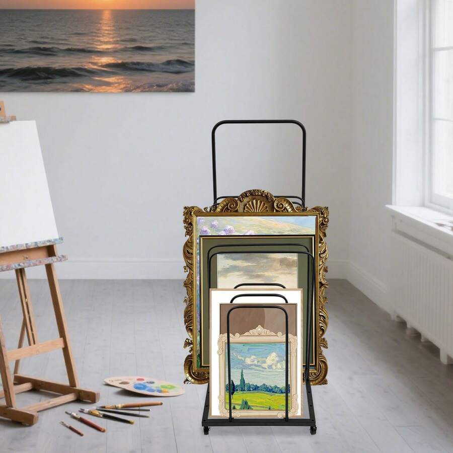 RibasuBB Art Canvas Storage Rack Rolling Organizer For Studio Black Iron 9-Slot Floor Standing 4 Wheels With Brakes Adjustable Handle 40-100cm 80x45cm - A - View 1