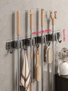 1pc Modern Metal Wall-Mounted Broom And Mop Holder, 4 Slots And 5 Hooks, Adjustable Garden Tool Storage Rack, Suitable For Home Laundry Room, Closet, Shed, Garage Storage, Can Store Rakes, Shovels, Brooms - A - View 7