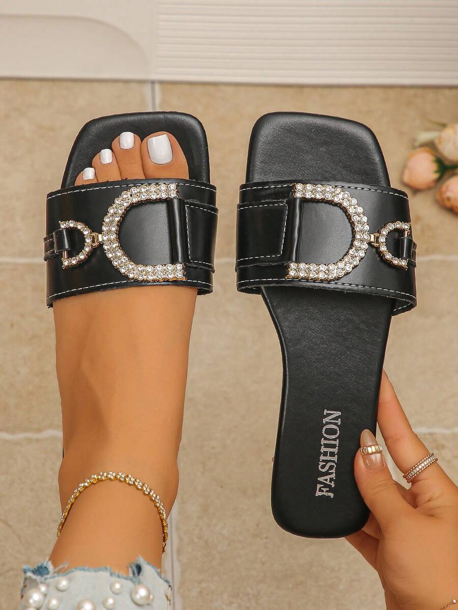Women's Rhinestone Metal Buckle Square Toe Low Heel Flat Sandals French Fashion Summer Daily Wear Black Slides Plus Size - Black PU - View 1