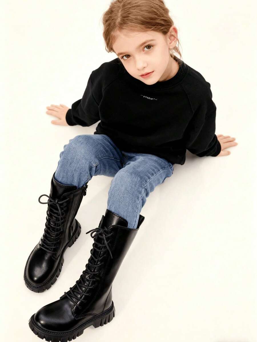Girls' Black Lace-Up High-Top Boots, Side Zipper Thick Sole Anti-Slip Mid-Calf Boots For Autumn/Winter - Black - View 1