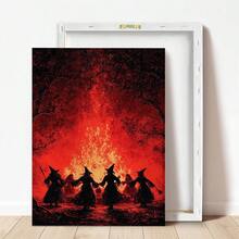 1pc Framed Canvas Wall Art, Vintage Red Fire Witch Gathering, Four Witches Holding Hands In Dark Forest, Gothic Dark Academia Eerie Halloween Witch Atmosphere Wall Decor - Campfire Witch - View 4