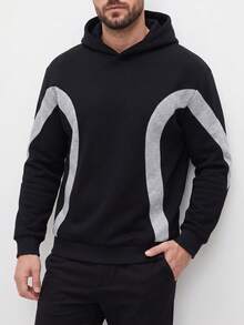 Sudadera con capucha de bloques de color y patchwork para hombre - Negro - Ver 4
