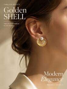 1 Pair Bohemian Ocean Vacation French Luxury 18K Gold Plated Seashell Pearl Stud Earrings, 316 Stainless Steel Hypoallergenic Earrings For Women, Back To School, Daily Commute, Workplace, Campus, Date, Party, Best Friend Gathering, Spring Outing, Vacation, Music Festival, Wedding, Holiday, Versatile - White - View 2