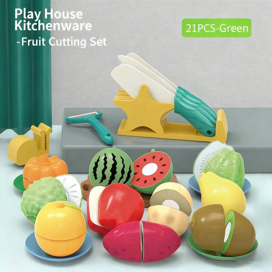 Children's Kitchen Toy Set, Montessori Simulation Kitchen Utensils, For Little Chefs, With Cutting Board For Fruits And Vegetables - 21-piece Green Knife - View 1