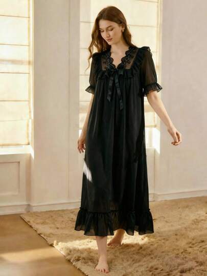 Women's Lace Mesh Nightgown, V-Neck Ruffle Short Sleeve Bow Nightgown, Soft Loungewear Pajamas