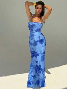 Elegant Women's Dress With Floral Print And Open Back, Summer Clothes, Beach Outfits For Women, Beach Vacation Clothes, Party Outfits, Bridesmaids - 藍色 - 查看 1