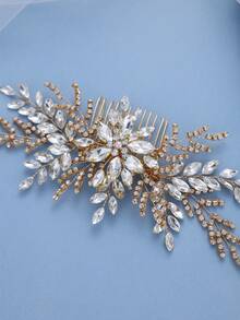 1pc Handmade Gold Rhinestone Leaf Hair Comb, Elegant Bridal Headpiece For Wedding, Prom, Party - Gold - View 4