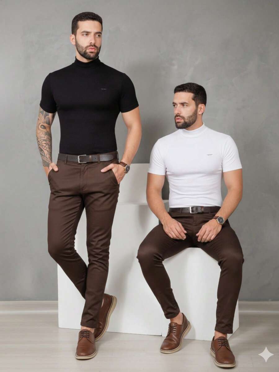 Men's Smart Casual Trousers, Premium Satin Fabric, Tailored Style, Welt Pockets - 鏽棕色 - View 1