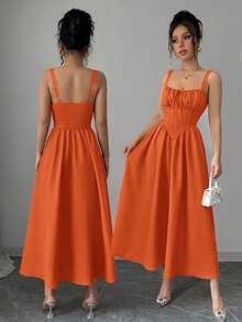 Women's Plain Red Maxi Dress For Summer 2025, Perfect For Valentine's Day Or Holidays, Featuring Ruffles At The Front, A Bow, An Asymmetrical Neckline, And A Slimmed Waist - 焦橙色 - 查看 1