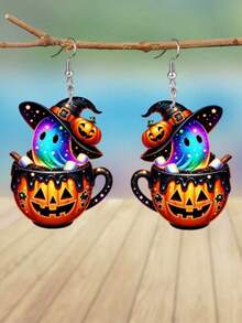 1 Pair Halloween Rainbow Magic Ghost Pumpkin Acrylic Earrings, Quirky Fashion High-End Ear Pendants, European And American Creative Pumpkin Head Ghost Pendant, Asymmetrical Design Stud Earrings For Women - Multicolor - View 4