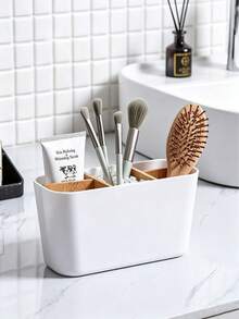 1pc Bamboo Partition Toothbrush Holder, Durable Countertop Storage Box, Suitable For Storing Cosmetics, Office Supplies And Stationery - Multicolor - View 3