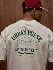 Men's Short-Sleeved T-Shirt In Cream With Green "URBAN PULSE StreetVibe IGNITE THE CITY" Print, Urban Streetwear Style Ideal For Modern And Casual Looks - 白色 - 查看 1