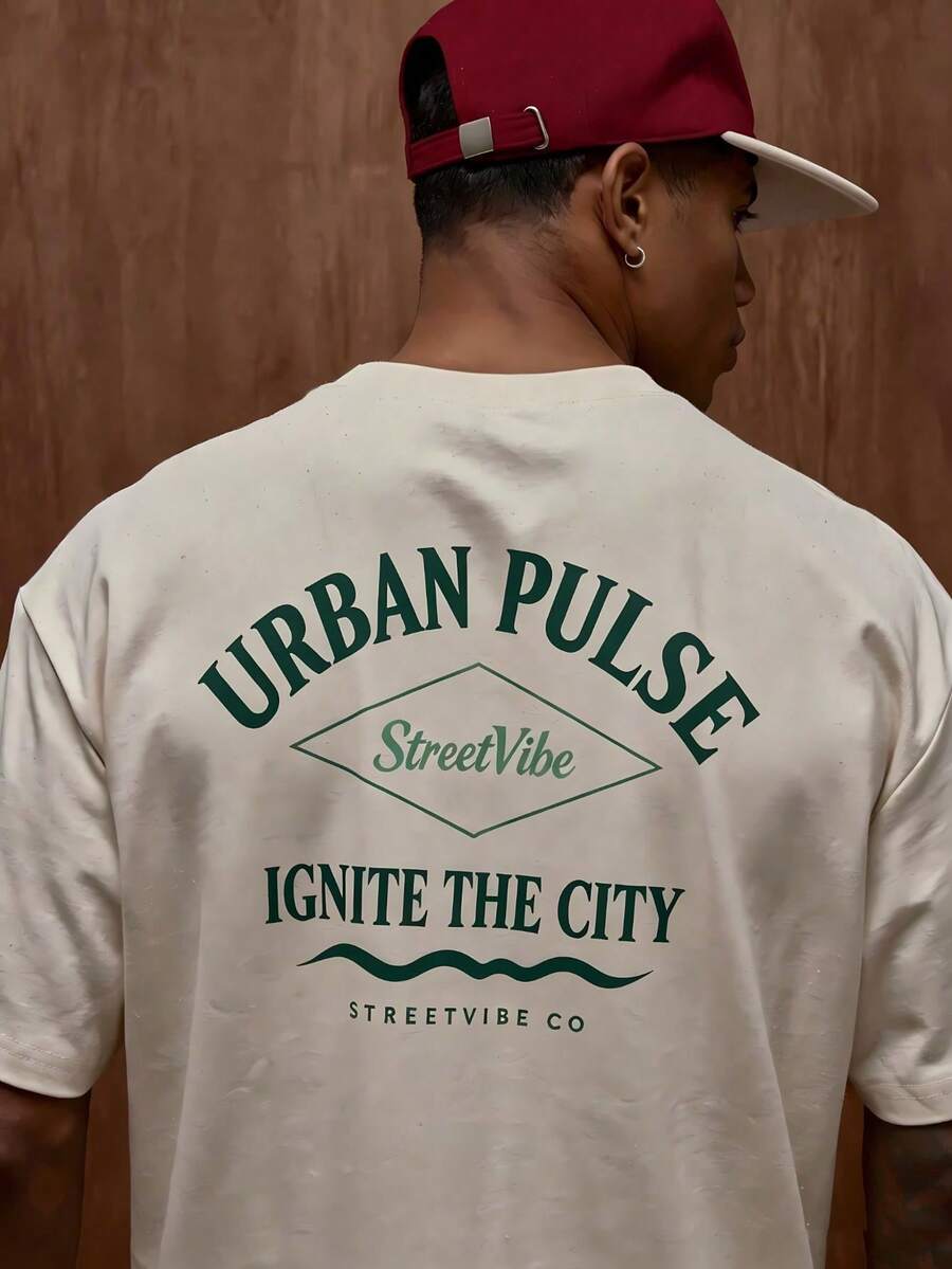 Men's Short-Sleeved T-Shirt In Cream With Green "URBAN PULSE StreetVibe IGNITE THE CITY" Print, Urban Streetwear Style Ideal For Modern And Casual Looks - 白色 - 查看 1