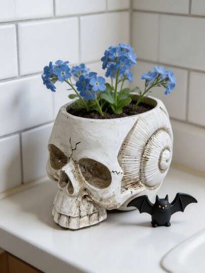 Gothic Style Ram Skull Planter, Bohemian Style Cream White Vase With Floral Arrangement, Halloween Spooky Tabletop Centerpiece Decoration, Aesthetic Home Decor, Desk Ornament