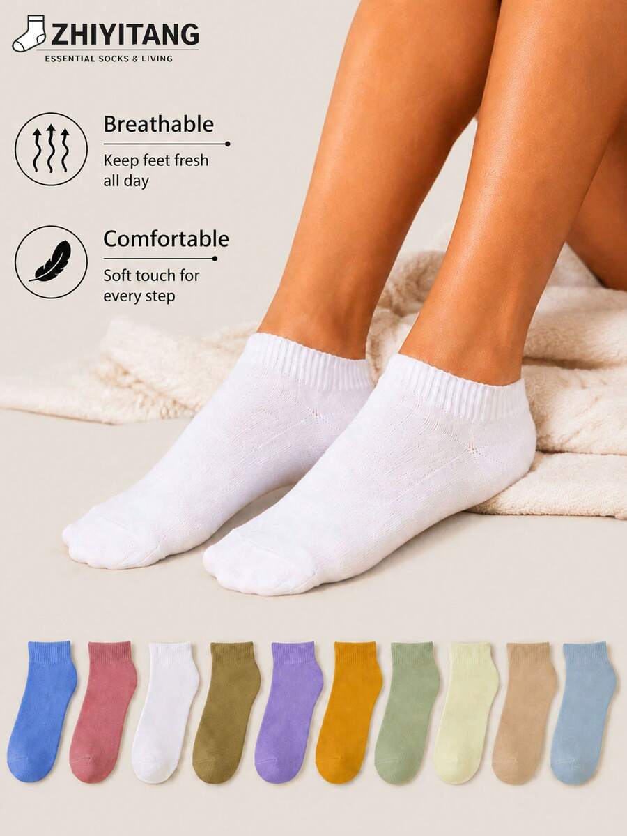 ZHIYITANG Random 1 Pair/3 Pairs/5 Pairs Women's Short Socks, Simple Fashion Solid Color College Style Candy Color Low-Cut Socks, Thin Breathable Comfortable Soft Moisture-Wicking Sweat-Absorbing Socks For Spring Summer Autumn, Sports Casual Street Style, Suitable For Daily Wear - Multicolor - View 1