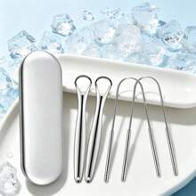 2/4 Peças Conjunto Premium de Raspadores de Língua Reutilizáveis de Metal, Limpadores de Língua em Formato de U e Colher, com Estojo de Armazenamento de Viagem Prateado, para Higiene Oral Diária, Escova de Língua, Escova de Dentes, Raspador de Língua, Escova de Dentes de Viagem - Prata - Visão 2