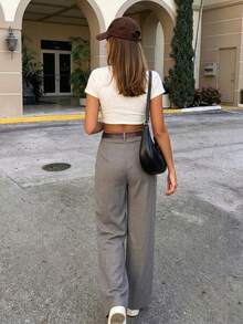 New High Waist Wide Leg Grey Casual Pants, Loose Slimming Luxurious Style Trousers (Belt Not Included) - Grey - View 5