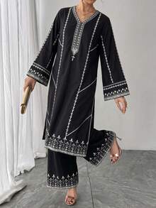 2pcs Women's Set, Black Placement Print Crafted V-Neck Pullover Top + Elastic Waist Skirt, Elegant Luxury Arabic Style Outfit, Suitable For Birthday, Formal Evening, Party, Date, New Year And Other Occasions - Black - View 6