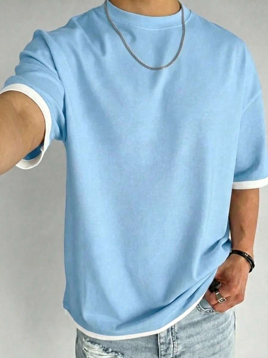 Camiseta de verano versátil y de moda para hombres, diseño de 2 en 1 con contraste de colores, cuello redondo regular, tela de punto transpirable, adecuada para uso diario - Caqui - Ver 1