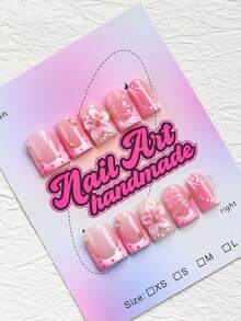 10pcs Handmade Square Shaped False Nails, Y2K Cool Style, Nude, White, Gold Color Options, White French And 3D Asymmetrical Design, With White French Edge, Carved Pink Flower Pattern, Gold Steel Beads, Shell, Pearl Elements, Suitable For Party, Wedding, Daily Wear, Comes With Tool Set, Perfect Gift For Women And Girls - Pink - View 2