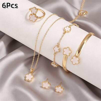 6Pcs Classic Lucky Flower Women's Necklace Pendant + 2 Earrings + Ring + Bracelet + Bangle Set, Lucky Flower Shaped Alloy Jewelry Set, Fashionable Women's Gift, Energy Healing Crystal Bracelet, Suitable For Daily Wear, Ideal Gift For Girlfriend, Wife Or Partner, Five-Leaf Clover Five-Petal Design