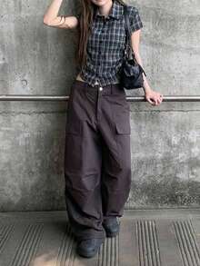 Loose Casual Solid Color Wide Leg Cargo Pants - Grey - View 7