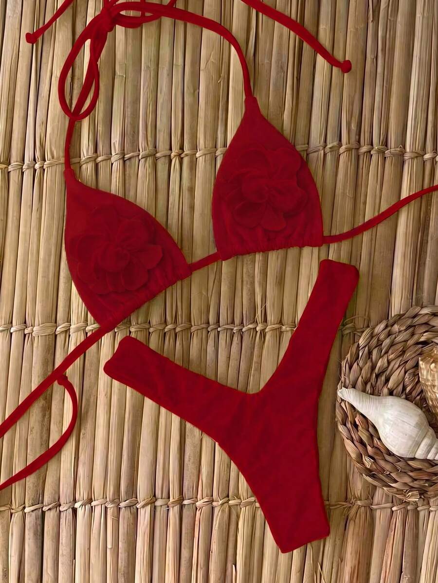 Polovedo 官方新品 春夏性感休閒優雅復古紅色素色花卉女款海灘度假約會比基尼泳衣 - 紅色 - 查看 1