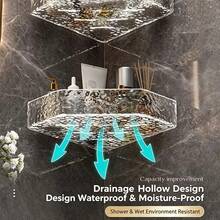 Scaffale da bagno trasparente con effetto increspature d'acqua, mensola angolare triangolare da parete senza foratura per toilette e bagno - trasparente - Visualizzare 5