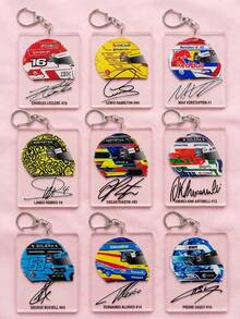 1Pc/9 Pcs F1 Formula Racing Helmet Pattern Keychain, Cool Sports Style Acrylic Asymmetrical Shape Metal Lobster Claw Clasp Practical Bag Charm Decoration Pendant, Suitable For Racing Fans Gathering, Watching Races, Boyfriend Gift, Backpack Car Key Decoration, Daily Outings And More - Multicolor - View 3