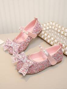 Zapatos planos de princesa para niñas con decoración de lazo de perlas & strass, elegantes & versátiles para primavera, verano, otoño - Rosa - Ver 3