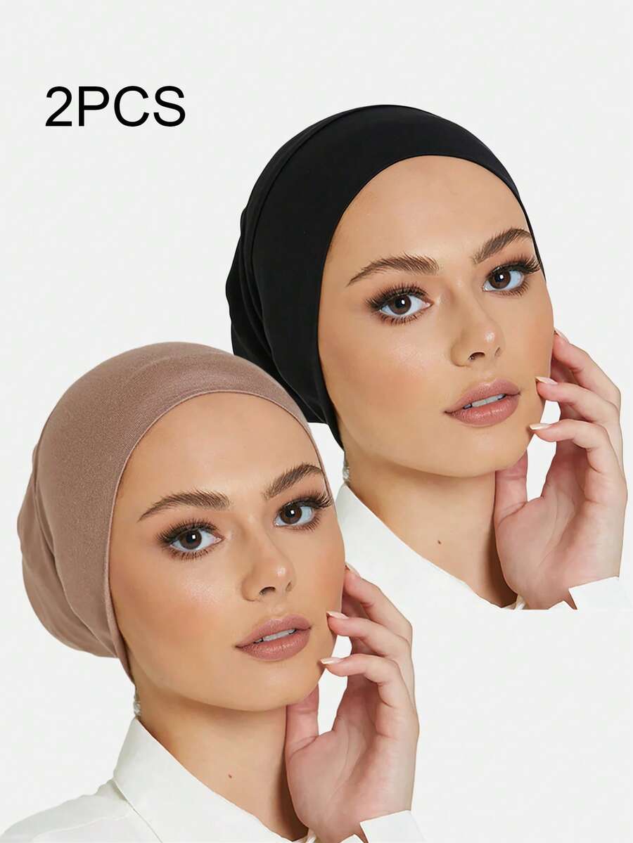 2件組女款穆斯林彈性內頭巾 化療帽 頭巾髮罩 適合日常使用 - 彩色 - 查看 1