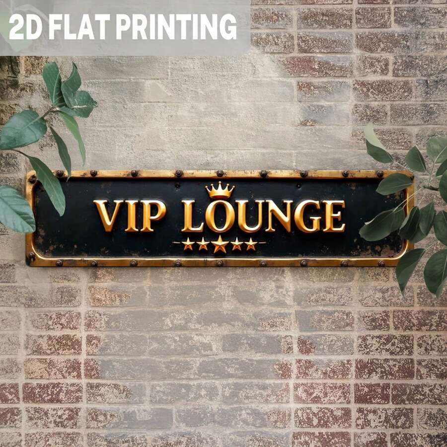 1件農舍風 VIP Inn 金屬招牌附皇冠 - 復古牆面裝飾,適用於酒吧、酒館、俱樂部、酒店與居家 - 9.98X39.98cm,做舊黑色背景,金色亮粉文字,2D平面印刷,預鑽孔如尺寸表所示 - 多色 - 查看 1