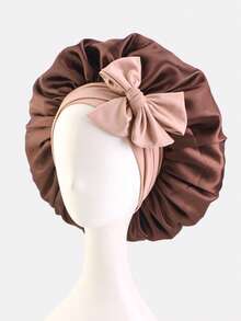 1pc Women's Elastic Satin Sleep Cap With Ribbon, Dual-Color Adjustable Knot Hair Wrap Headscarf For Daily Use - Coffee - View 4