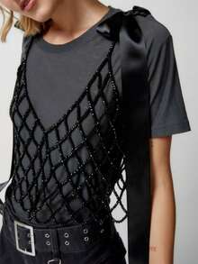 Beaded Camisole Top With Niche Design, Versatile Fashion Hollow Woven V-Neck Body Chain Cute Bow Strap, Gift For Girls - Black - View 1