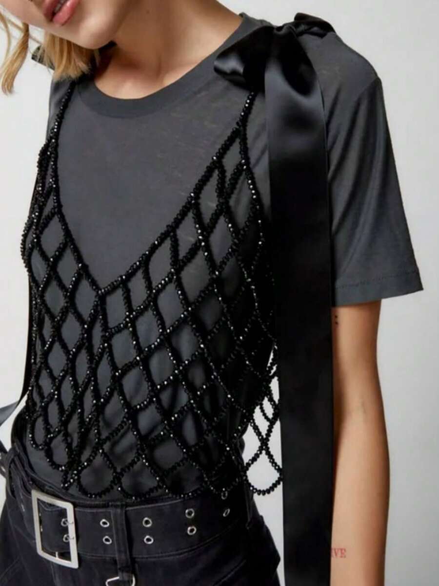 Beaded Camisole Top With Niche Design, Versatile Fashion Hollow Woven V-Neck Body Chain Cute Bow Strap, Gift For Girls - Black - View 1