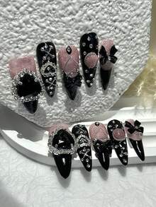 10pcs/Set Cute Kawaii Long Handmade Nail Stickers Y2K Style Popular Girls Fake Nails Bow Bear Heart Diamond Luxury Style Fake Nails (Includes 1pc Jelly Sticker + 1pc Nail File) Handmade Press On Nails - 彩色 - 查看 2
