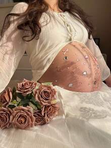 3D甜美風水鑽蝴蝶結孕婦肚貼，孕期拍照道具，亮片身體貼紙，適用準媽媽、寶寶迎新派對與性別揭曉派對，1組 - 多款式多色 - 查看 7