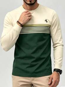Tennis Men's Business Commute Colorblock Striped Long Sleeve T-Shirt, Minimalist Horse Embroidery Crew Neck, Golf, Fall - Multicolor - View 5