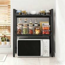 3/2-Story Kitchen Storage Rack With 6 Hooks, Expandable Microwave Rack, Microwave Storage Rack, High Load-Bearing Design, Rust Resistant And Durable, Suitable For Kitchen/Office/Storage Room, Expansion Range 40-64cm (Black), Standing Shelf - 黑色 - 查看 5